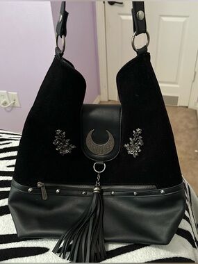 Black Women's Hobo Bag with Tassel and Metal Moon and rose Accent